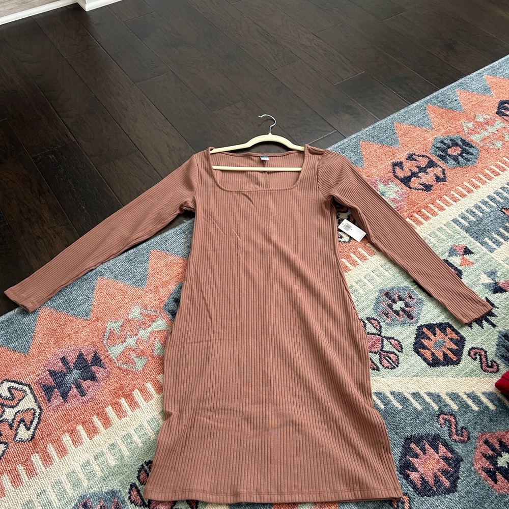 Old Navy light brown fitted Sheath Midi Dress with Square Neck- NWOT